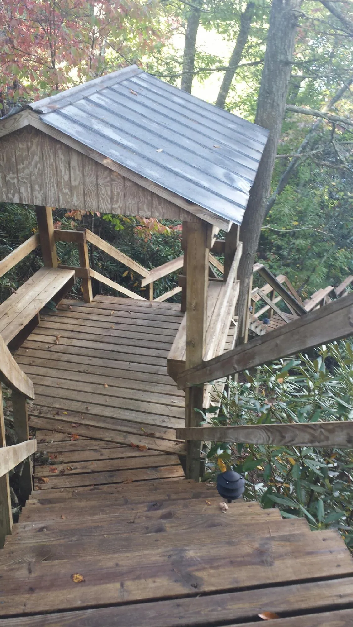 Metal roofed shelter over wooden steps on a wooded walkway — Skylight Repair & Installation work by our crew in Whites Creek